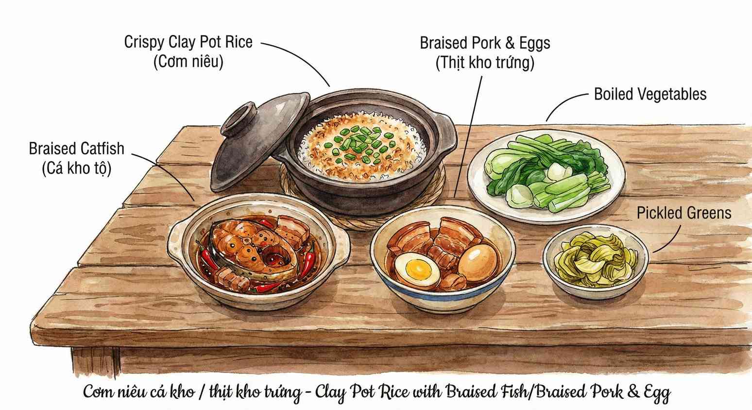 Cơm Niêu ingredients sketch